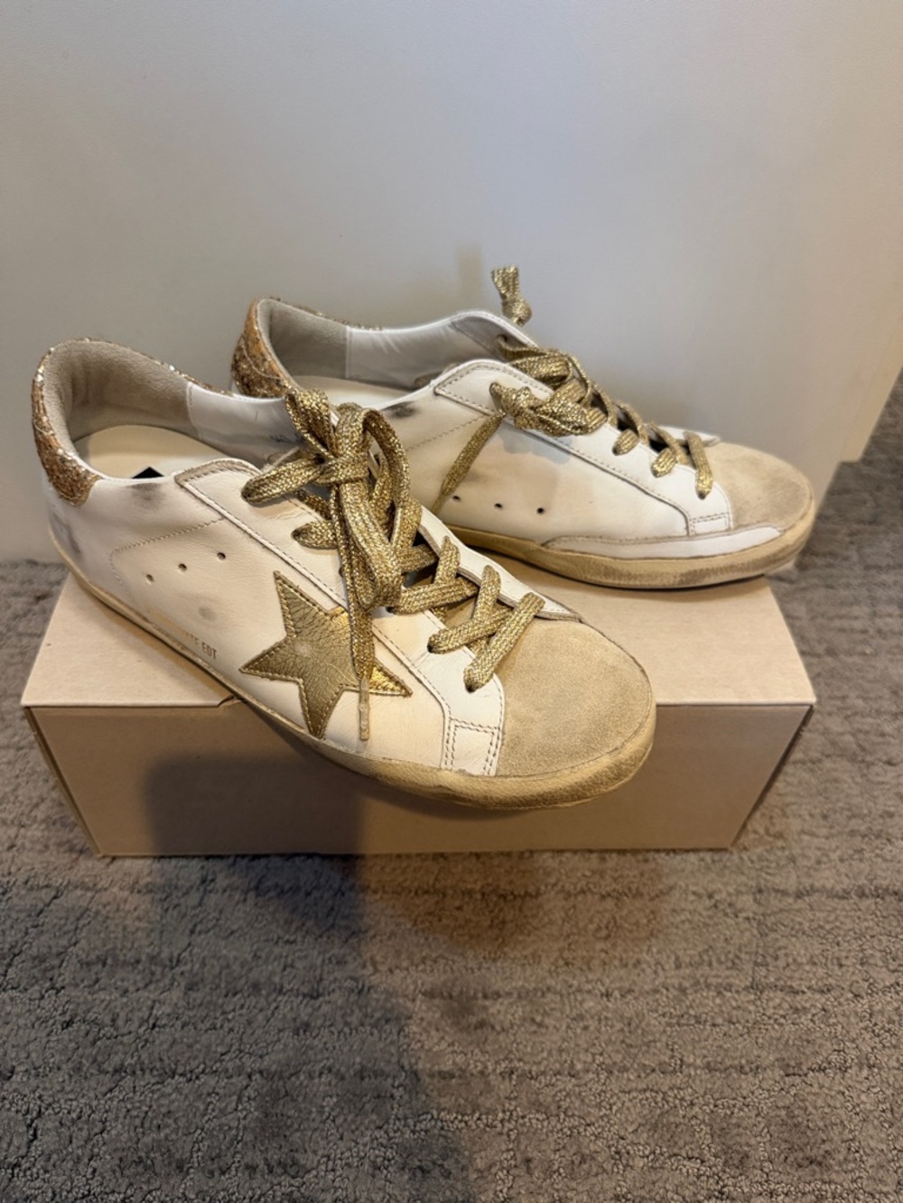 Golden Goose White Leather Sneakers with Gold Star & Accents